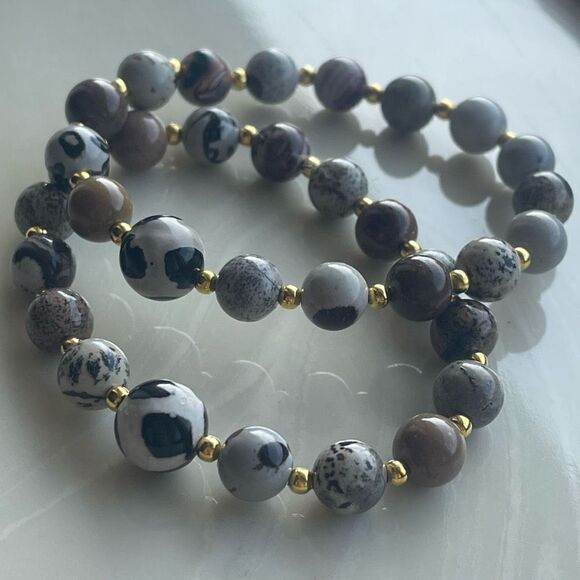 Hand crafted picture Jasper cow print stone crystal ONE NEW stretch bracelet - Picture 3 of 9